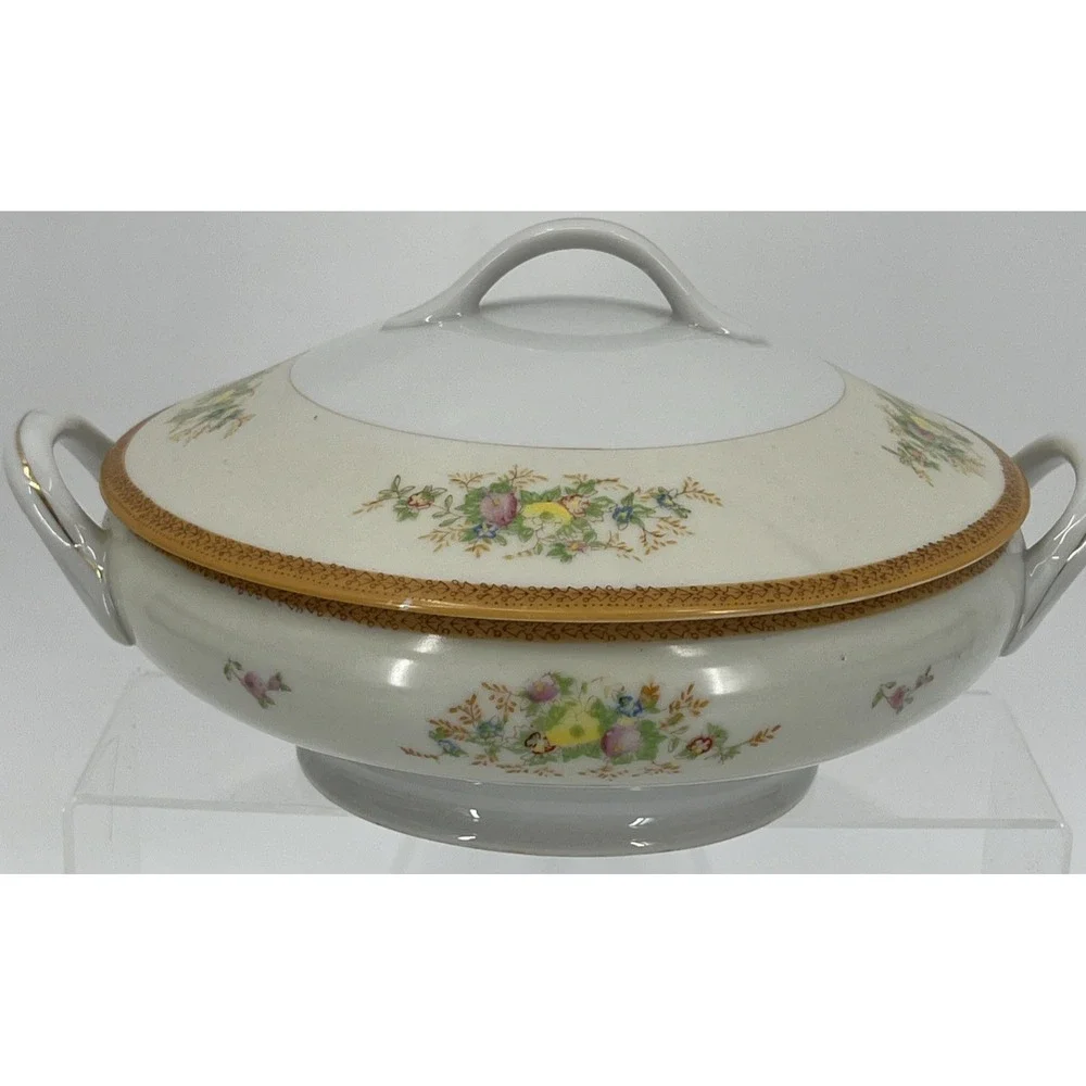 Vintage Round Serving Dish with Lid Floral Gold Detail‎ Handmade in Japan MCM